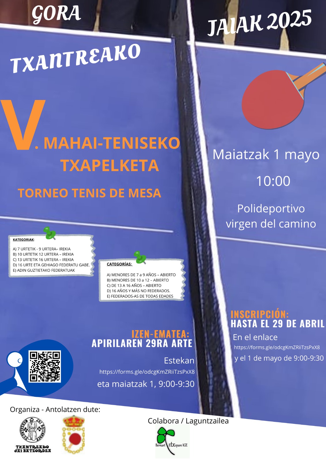 El 1 de mayo se celebrar&aacute; el V Torneo Tenis de Mesa (Fiestas Txantrea)
